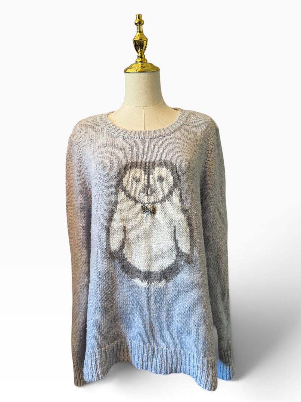 Lauren Conrad Cozy Light Blue Gray Penguin Knit Sweater Bling Bow tie XL